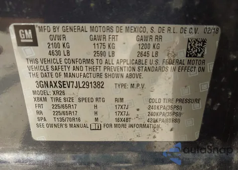 2018 Chevrolet Equinox Lt из США, поврежденный, VIN 3GNAXSEV7JL291382